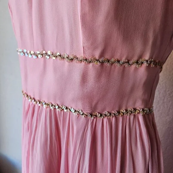 Vintage 60s 70s Light Pink Chiffon Princess Cocktail Evening Dress Gown L Large - Picture 3 of 14
